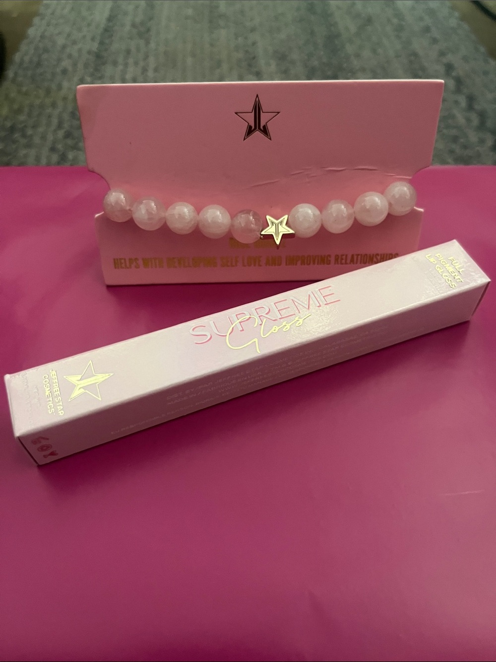 Jeffree Star Rose Quartz Stretch Bracelet w/ Gold Star Accent and Supreme Gloss